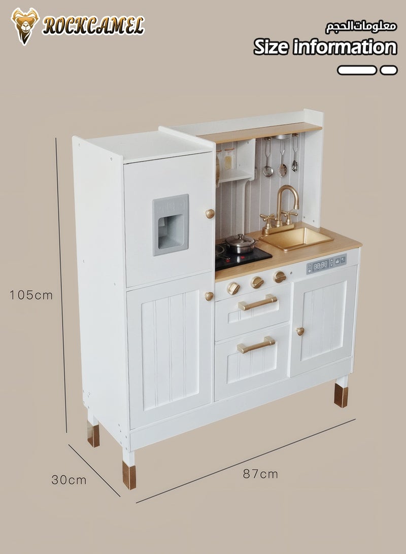ROCKCAMEL Wooden Play Kitchen for Kids, Light & Sound Kitchen Pretend Playset with Working Sink, Faucet Toy & Storage, Interactive Kids Kitchen Playset for Role Play, Imagination & Creativity, White - Image 3